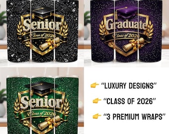 Klasse von 2026 Tumbler Wrap Bundle PNG | Senior 2026 Luxus-Abschluss-Wraps | Schwarz Lila Grün 20 Unzen Skinny Sublimations Designs