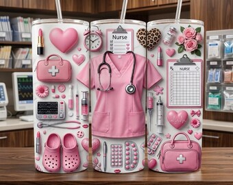 Krankenschwester Tumbler Wrap PNG 20 Unzen Skinny | Rosa Krankenschwester Sublimationsdesign | Benutzerdefinierte Krankenschwester Geschenkidee | Medizinisches Scrubs Tumbler Wrap | Digitaler Download