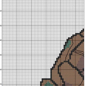 May include: A cross-stitch pattern chart on a white grid background. The design features brown and tan blocks with black outlines and small green accents marked with the letter m. The grid includes numbered axes from 10 to 50 for reference.