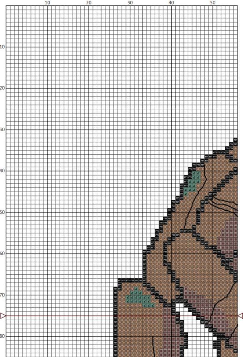 May include: A cross-stitch pattern chart on a white grid background. The design features brown and tan blocks with black outlines and small green accents marked with the letter m. The grid includes numbered axes from 10 to 50 for reference.