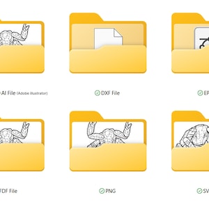 May include: A collection of six yellow folder icons, each representing a different file type. The folders contain various icons and illustrations, including a drawing of a creature, a document, and a vector graphic. File types include AI, DXF, EPS, FDF, PNG, and SVG.