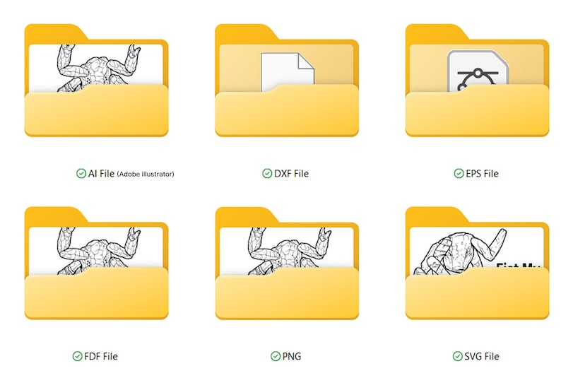 May include: A collection of six yellow folder icons, each representing a different file type. The folders contain various icons and illustrations, including a drawing of a creature, a document, and a vector graphic. File types include AI, DXF, EPS, FDF, PNG, and SVG.