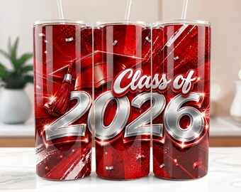 Klasse von 2026 Tumbler Wrap PNG | Senior 2026 Abschluss Design | Red Glossy Grad Cap Sublimationsfolie | 20 Unzen Skinny Tumbler Vorlage