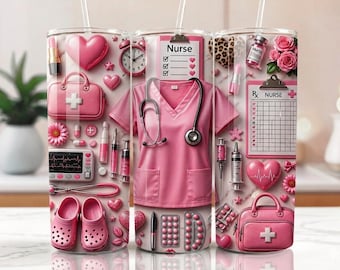 3D Krankenschwester Tumbler Wrap PNG 20oz Skinny | Aufgeblasenes rosa Krankenschwester Sublimationsdesign | Glänzendes medizinisches Tumbler-Wrap | RN Geschenk Digital Download