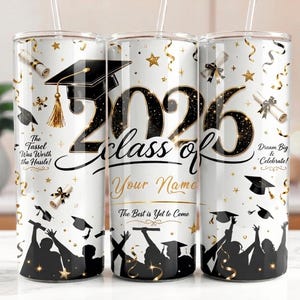 Klass 2026 Tumbler Wrap PNG, 20oz smal tumbler sublimeringsdesign, examen 2026 sömlös wrap, senior 2026 mugg, anpassat namn redigerbart