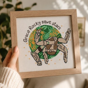 Puede incluir: Arte de punto de cruz en un marco de madera clara. La obra presenta una figura robótica en tonos marrones y beige, sobre un globo verde y amarillo. El texto "Grace Rocky save stars" está arqueado alrededor del globo.