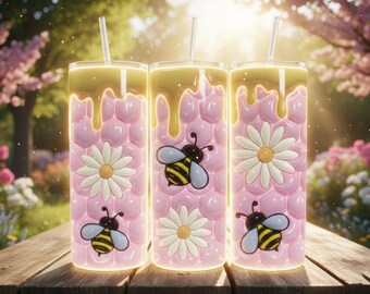 Tumbler Wrap Honeycomb Bee Daisy: design rosa 3D (PNG)