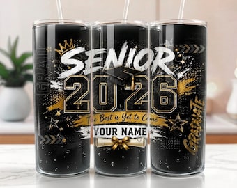 Senior 2026 Tumbler Wrap PNG, Klasse von 2026 Schwarzgold Glitter Abschluss 20 Unzen Skinny Tumbler Sublimationsdesign, personalisierter Name Digital