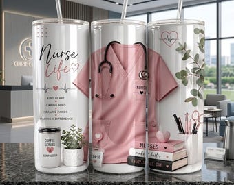 Krankenschwester Tumbler Wrap 20 Unzen Skinny PNG | Krankenschwester Leben Sublimation Design | Pink Sanftes Tuch | Mitgefühl PNG | Digitaler Download