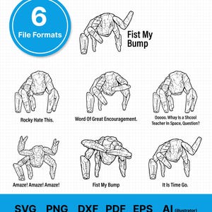 May include: A digital art print with six illustrations of a textured creature in different poses. Each image has a unique phrase, such as "Fist My Bump" and "Rocky Hate This." The image also includes the text "6 File Formats" and file type abbreviations.