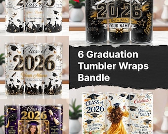 Klasse von 2026 Graduation Tumbler Wrap Bundle, 6 bearbeitbare PSD- und PNG-Designs, Senior 20 Unzen Skinny Sublimation, anpassbare Namen und Fotos