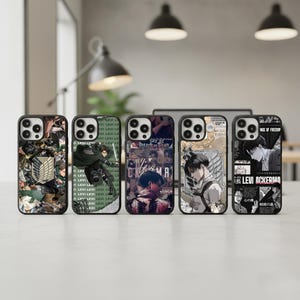 May include: Five phone cases with various designs featuring characters and imagery from the anime series "Attack on Titan." The cases display collages, character portraits, and Japanese text. The cases are black with a glossy finish.