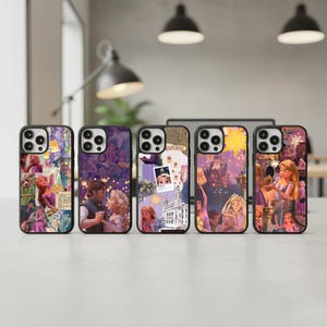 May include: Five black phone cases with colorful collages featuring images of a princess, a castle, and other fairytale elements. The cases are arranged in a row, each with a different design.