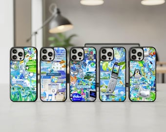 May include: Five phone cases with colorful designs. Each case features a different collage of images, including computer interfaces, a flip phone, and a penguin. The cases have black borders and are displayed on a white surface.