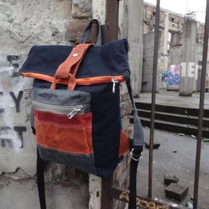 Waxed canvas backpack roll top rucksack