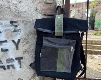 Mochila de lona encerada con parte superior enrollable