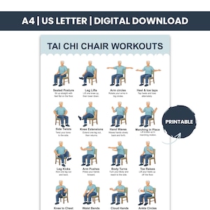 Può includere: Un poster digitale stampabile con esercizi di Tai Chi su sedia. Il poster include illustrazioni di movimenti come sollevamenti delle gambe, cerchi delle braccia e sollevamenti delle dita dei piedi. Il testo in alto recita "A4 | US LETTER | DIGITAL DOWNLOAD".