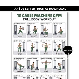 May include: A digital download workout chart for a 16 cable machine gym full body workout. The chart includes illustrations of exercises such as cable chest press, cable row, lat pulldown, and cable squat. The chart is labeled "Printable".