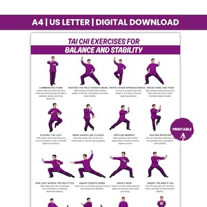 Utskrivbar Tai Chi-affisch i PDF-format, Tai Chi-träningsschema, Balansövningar hemma, Tai Chi för nybörjare, Digital, balansträning