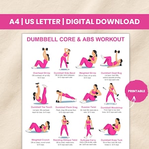Puede incluir: Un gráfico de entrenamiento descargable digitalmente para ejercicios de core y abdominales con mancuernas. El gráfico presenta ilustraciones de varios ejercicios, incluidos Overhead Sit-Ups, Dumbbell Side Bends y Russian Twists. El texto "PRINTABLE" está en un círculo rosa.