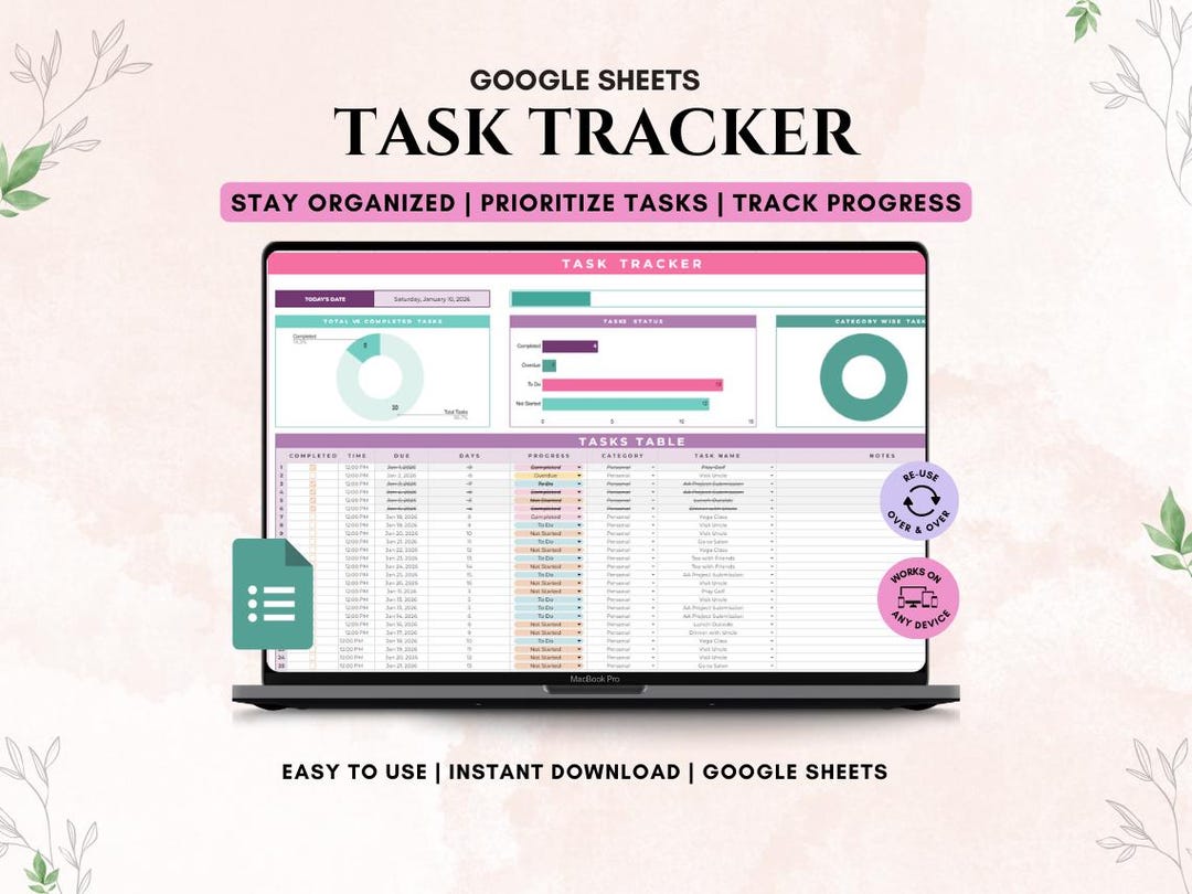 Task Tracker Spreadsheet – Google Sheets Productivity Planner, Daily ...