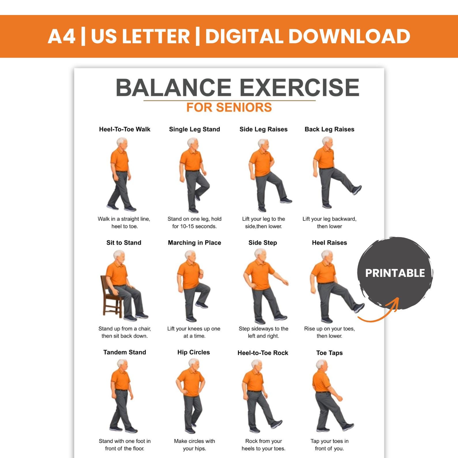 Balance Exercises for Seniors, Senior Balance Exercise Chart for Adults ...