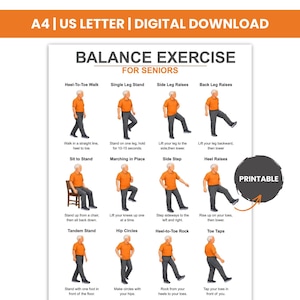 Pode incluir: Um download digital imprimível intitulado "Exercício de Equilíbrio para Idosos" com ilustrações de vários exercícios, incluindo Heel-To-Toe Walk e Toe Taps. Os exercícios são projetados para melhorar o equilíbrio.