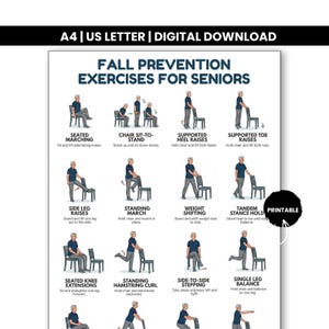 Fall Prevention Balance Exercises for Seniors Printable PDF, Chair and Standing Mobility Training Chart, Senior Fitness & Stability Workout