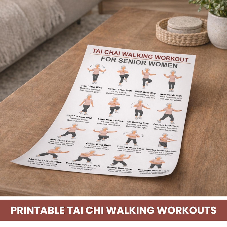 May include: A white printed sheet with a Tai Chi walking workout for senior women. The sheet features illustrations of various Tai Chi steps, including Cloud Step Walk and Wave Hands Walk. The bottom of the sheet reads "PRINTABLE TAI CHI WALKING WORKOUTS."