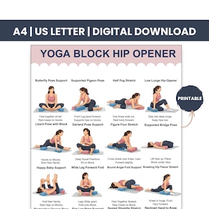 Può includere: Una guida yoga digitale intitolata "YOGA BLOCK HIP OPENER" con pose illustrate. La guida include pose come Butterfly Pose Support, Supported Pigeon Pose e Low Lunge Hip Opener. Il documento è in formato A4 e US Letter.