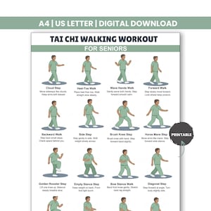 Può includere: Una stampa digitale intitolata "Tai Chi Walking Workout for Seniors". La stampa presenta illustrazioni di passi di Tai Chi, come Cloud Step, Heel-Toe Walk e Wave Hands Walk. La stampa è progettata per gli anziani ed è disponibile nei formati A4 e US Letter.