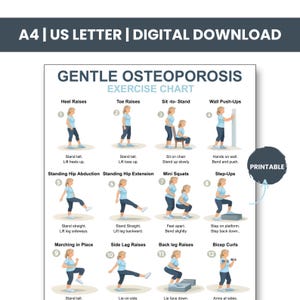 May include: A digital download exercise chart for gentle osteoporosis exercises. The chart includes illustrations of 12 different exercises, such as heel raises, toe raises, and mini squats. The chart is labeled "Gentle Osteoporosis Exercise Chart" and is marked as printable.