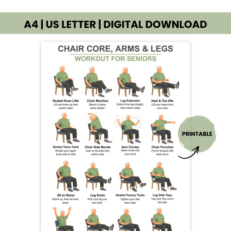 Chair Exercises for Seniors Poster | Seated Core Arms & Legs Workout ...