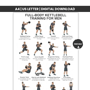 Könnte beinhalten: Ein digitaler Fitness-Leitfaden mit dem Titel "FULL-BODY KETTLEBELL TRAINING FOR MEN". Die Schwarz-Weiß-Grafik zeigt verschiedene Kettlebell-Übungen, darunter Swings, Kniebeugen, Kreuzheben und Drücken. Der Leitfaden ist mit "PRINTABLE" gekennzeichnet.