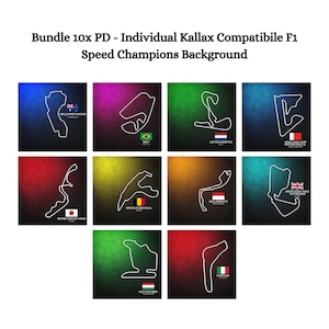 May include: A collection of ten square prints featuring white outlines of Formula 1 race tracks against colorful gradient backgrounds. Each print includes the track name and a team logo. The text "Bundle 10x PD - Individual Kallax Compatibile F1 Speed Champions Background" is at the top.