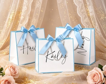 Blue&White Name Gift Bags, Thank You Gift Bags, Birthday Gift Bags, Ribbon Tie Rope Gift Bags, Wedding Gift Bags, Bridesmaid Gift Bags