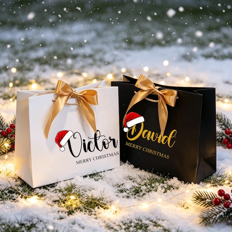 Op de afbeelding: Een witte cadeauzak met een gouden lint en de naam Victor in het zwart, en een zwarte cadeauzak met een gouden lint en de naam David in het goud. Beide tassen hebben een rood-wit kerstmuts-icoon en de tekst MERRY CHRISTMAS.