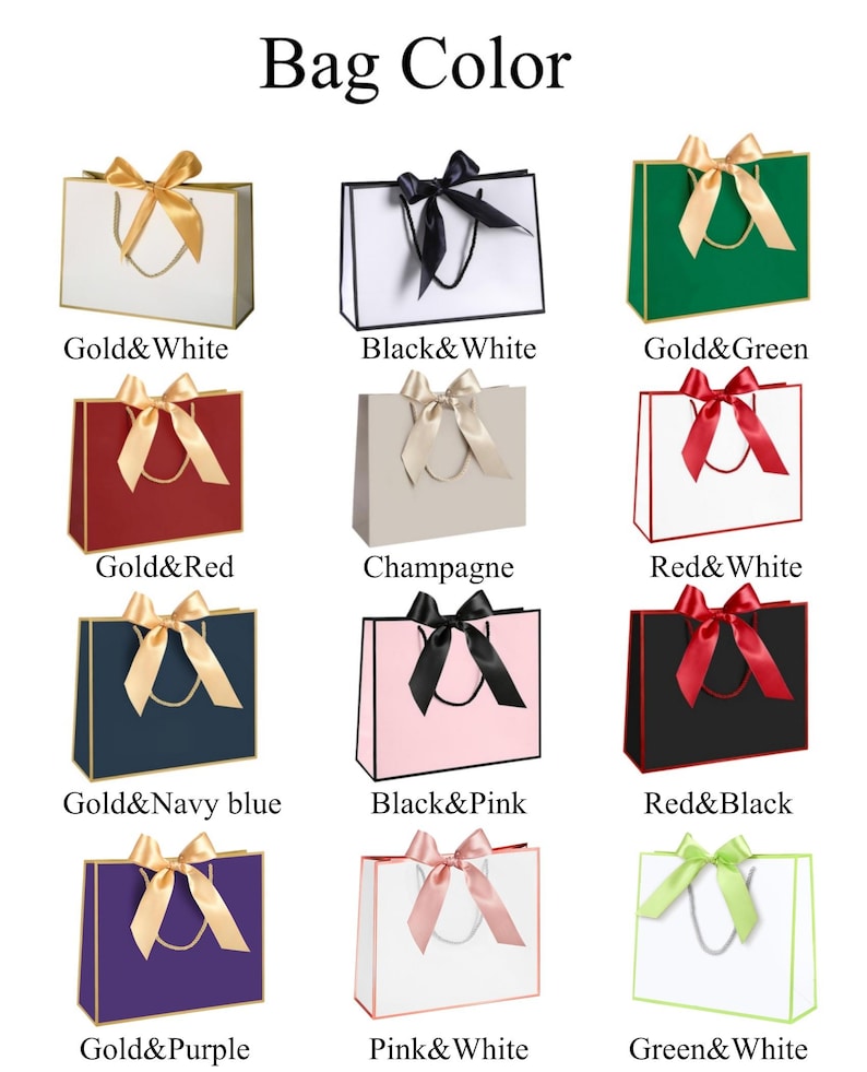May include: An image showcasing various gift bags with different color combinations. The bags feature a ribbon bow and come in colors like gold and white, black and white, gold and green, gold and red, champagne, red and white, gold and navy blue, black and pink, red and black, gold and purple, pink and white, and green and white.