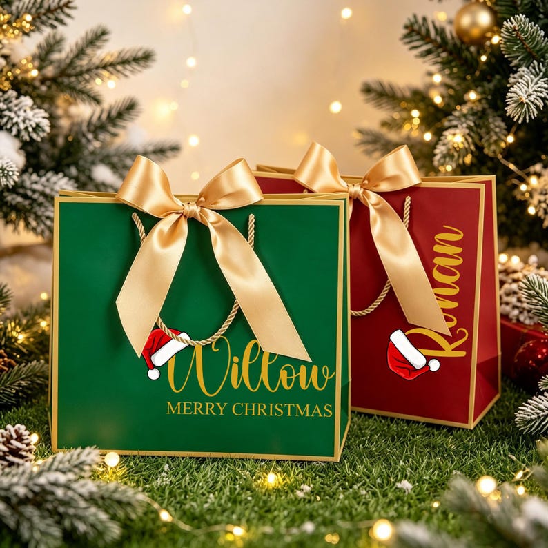 Op de afbeelding: Twee rechthoekige cadeauzakjes, een groene en een rode, elk voorzien van een gouden satijnen strik, gouden koordhengsels en een kleine kerstmuts-afbeelding. De groene tas toont de naam Willow en de tekst MERRY CHRISTMAS in gouden letters.