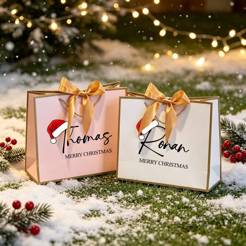 Op de afbeelding: Twee rechthoekige cadeauzakjes, een lichtroze en een witte, elk voorzien van een gouden strik, een rood-witte kerstmuts en de tekst Merry Christmas met de namen Thomas op het roze zakje en Ronan op het witte zakje.