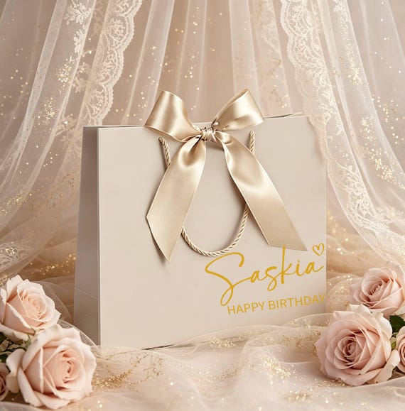 Happy Birthday Name Gift Bag, Custom Name Birthday Gift Bag with Ribbon,  Birthday Party Gifts Text Paper Bags