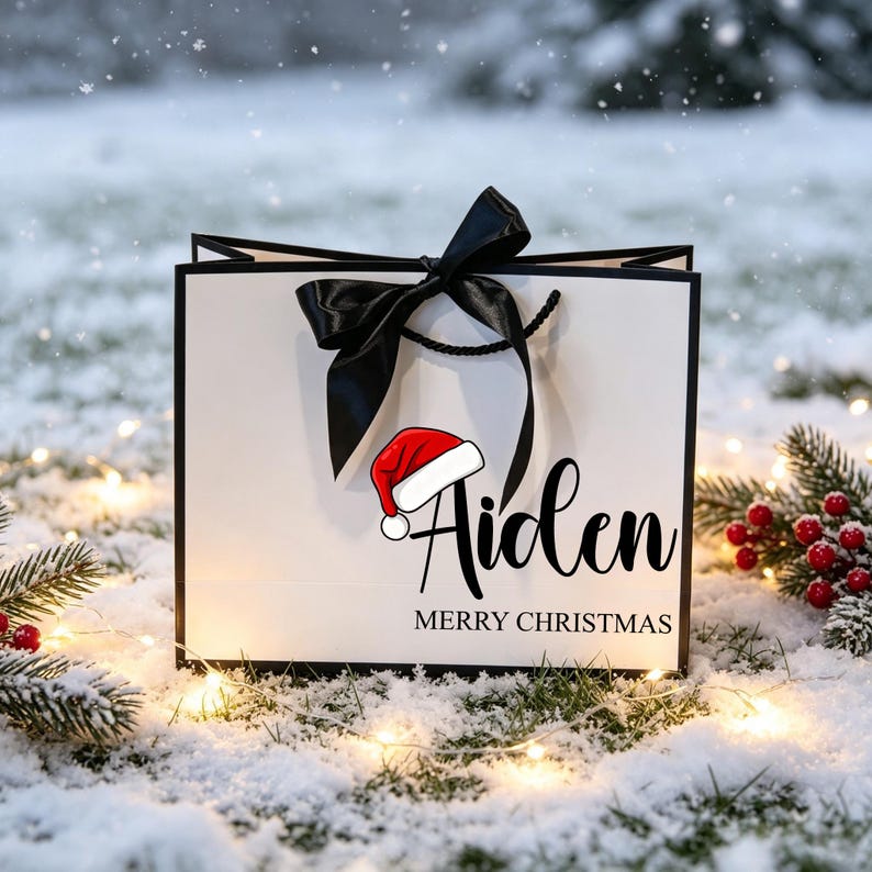 Op de afbeelding: Een witte cadeauzak met zwarte randen en een zwarte satijnen strik. De voorzijde toont de naam Aiden in zwart cursief schrift, een afbeelding van een rood-witte kerstmuts en de tekst MERRY CHRISTMAS in zwarte hoofdletters onder de naam.