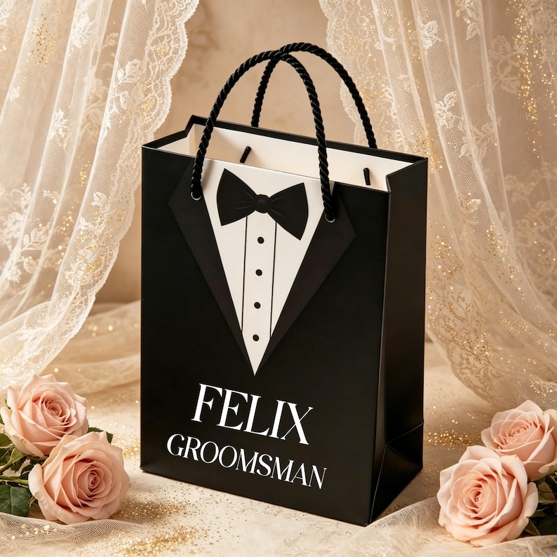 May include: A black gift bag featuring a white tuxedo shirt front graphic with a black bow tie and three buttons. The text FELIX GROOMSMAN is printed in white on the front. The bag has two black twisted rope handles and a white interior lining.