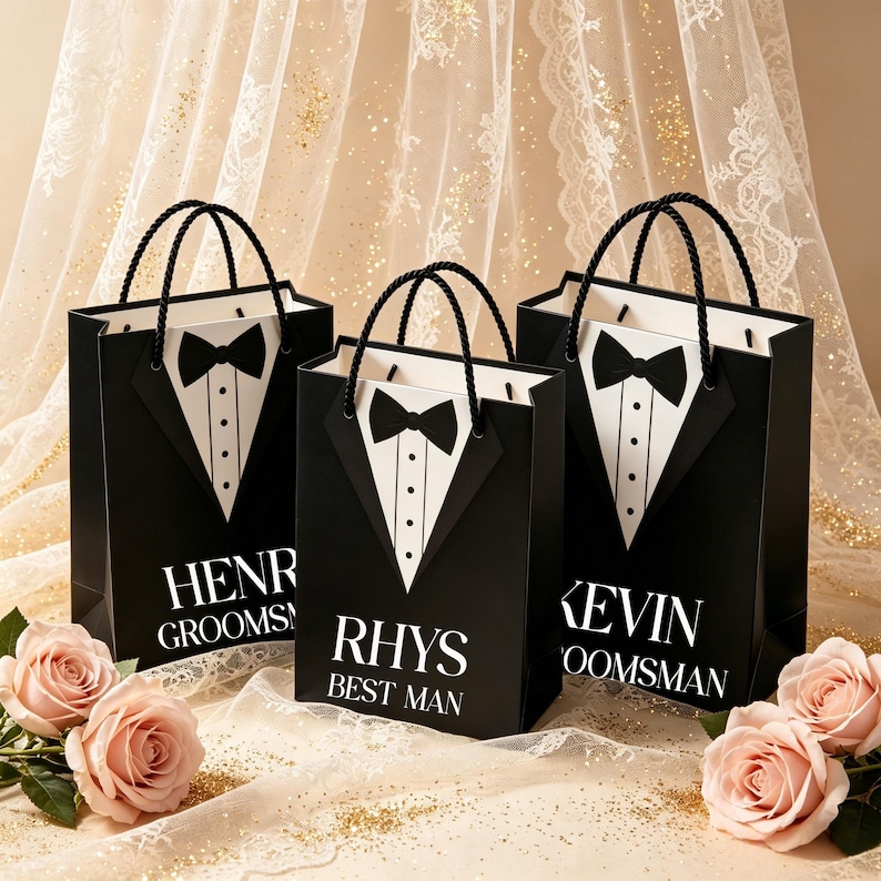 Custom Groomsmen Gift Bags, Groomsmen Favor Bags, Bow Tie Neckline, Bachelor Party Gift Bags, Custom Gift Bags, Wedding Favor Bags image 1