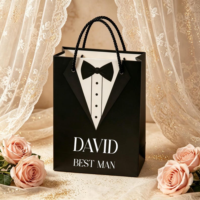 May include: A black gift bag featuring a white tuxedo shirt graphic with a black bow tie. The bag has black rope handles and the white text DAVID BEST MAN printed on the front. The design mimics formal attire with a black lapel and white shirt front.