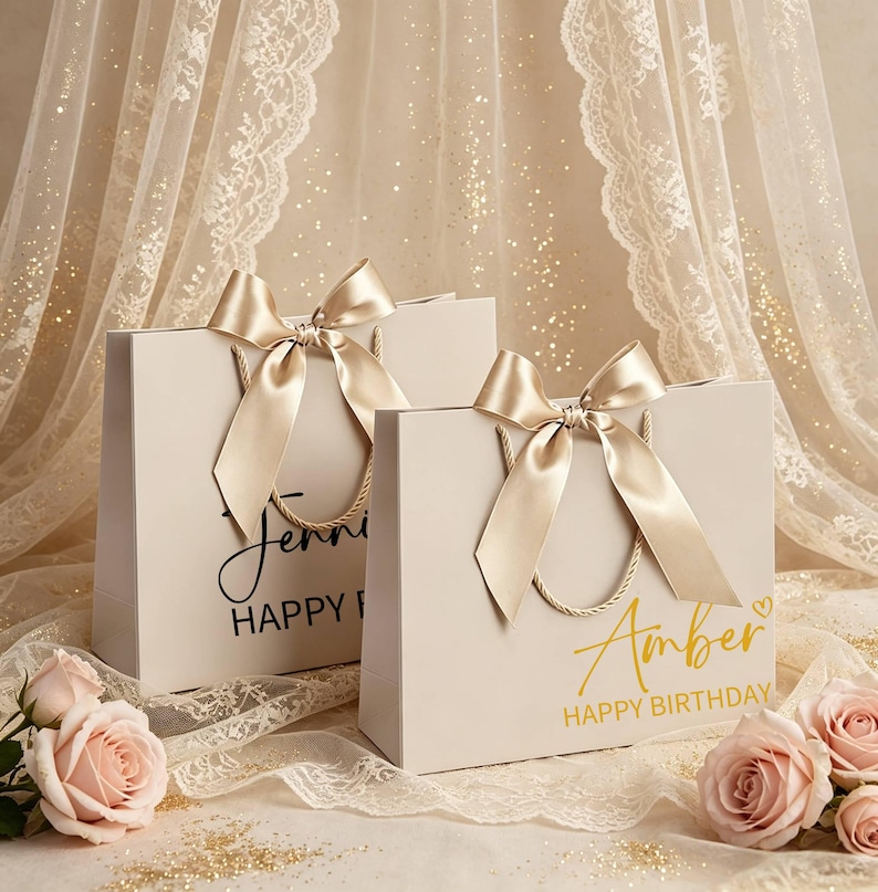 Happy Birthday Name Gift Bag, Custom Name Birthday Gift Bag with Ribbon, Birthday Party Gifts Text Paper Bags image 2