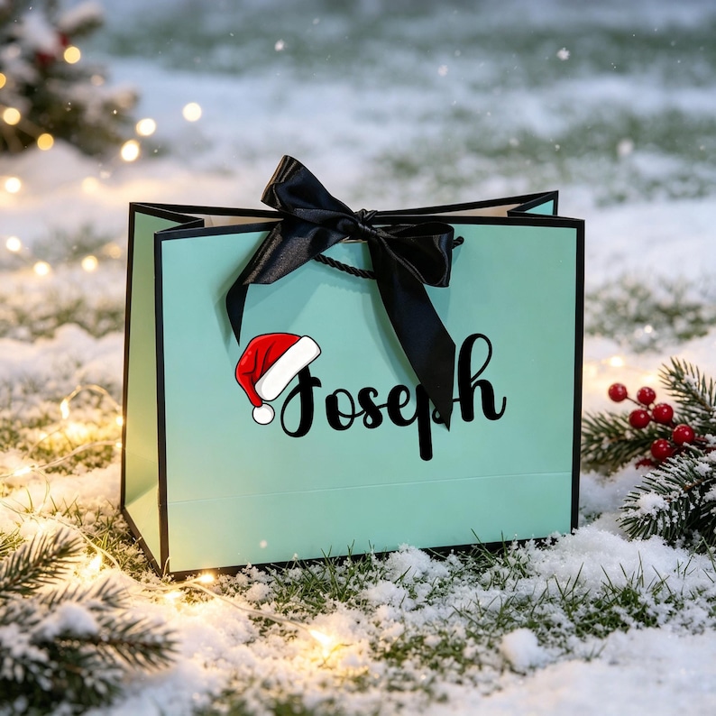 Op de afbeelding: Een licht mintgroene cadeauzak met zwarte randen en een zwarte satijnen strik. De voorzijde is voorzien van de naam Joseph in zwarte schrijfletters, met een rood-witte kerstmuts bovenop de letter J, wat zorgt voor een feestelijke uitstraling.