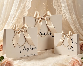 Personalized Champagne Wedding Gift Bags, Ribbon Tie Party Favor, Bridesmaid Gift Bag, Custom Name Holiday Present Sack for Festive Gifts