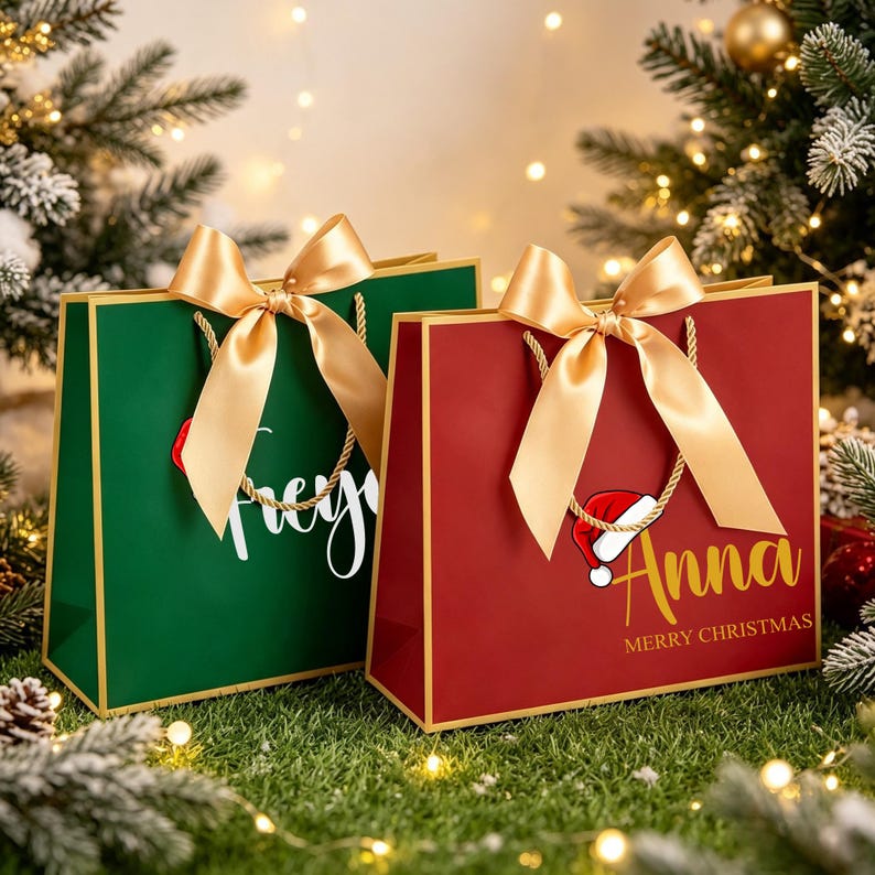 Op de afbeelding: Twee rechthoekige cadeauzakjes, &eacute;&eacute;n donkergroen en &eacute;&eacute;n dieprood, elk met gouden randen, gouden koordhengsels en een grote gouden satijnen strik. De rode tas toont de naam Anna in gouden schrift met een kerstmuts en de tekst Merry Christmas.