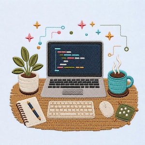Puede incluir: Un diseño de bordado que muestra una computadora portátil con código, una planta verde en maceta, una taza azul con vapor, un cuaderno de espiral con bolígrafo, un teclado, un ratón y un pequeño objeto cuadrado verde sobre una alfombrilla ovalada.